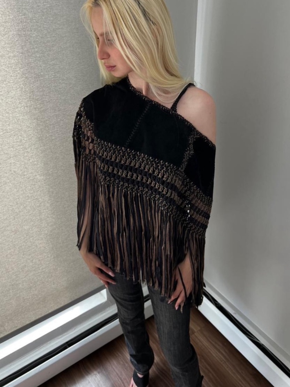 Vintage Unique Black Fringe Poncho